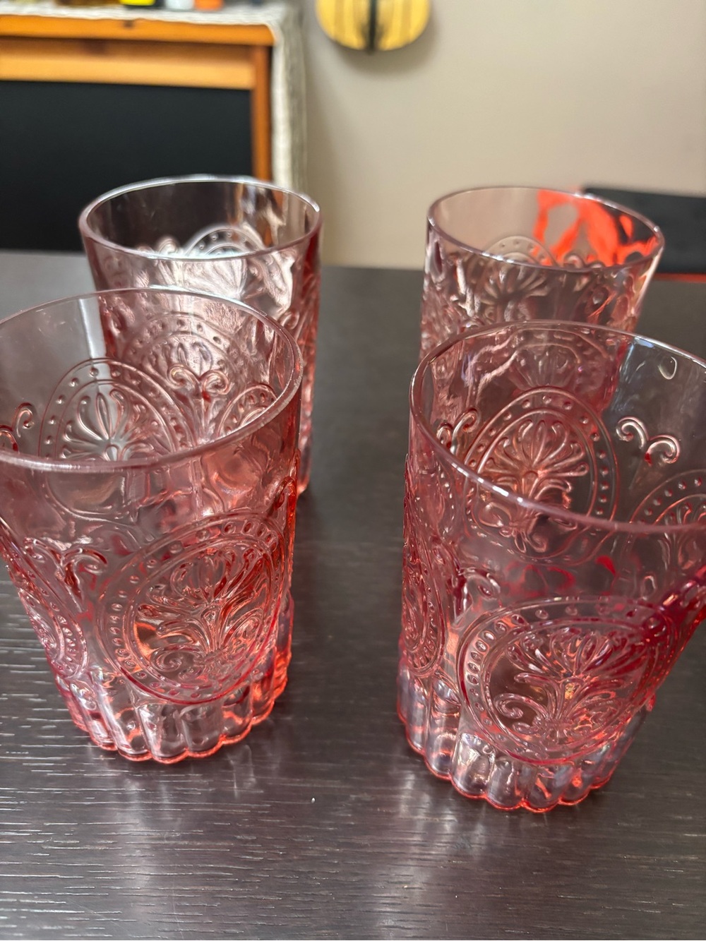 Set of 4 Anthropologie “fleur-de-lys”Embossed Pink Tumbler Glasses